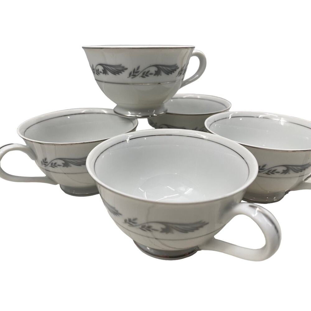 Vintage Style House REGAL Platinum White Fine China Coffee Tea Cups SET Of 5